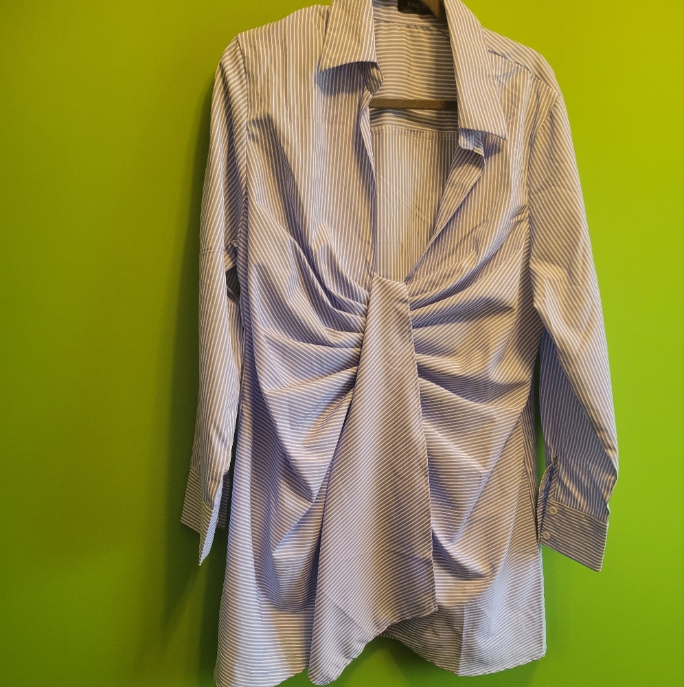 Sexy stylish shirt dress baby blue and white pinned strip 2XL Chicme
